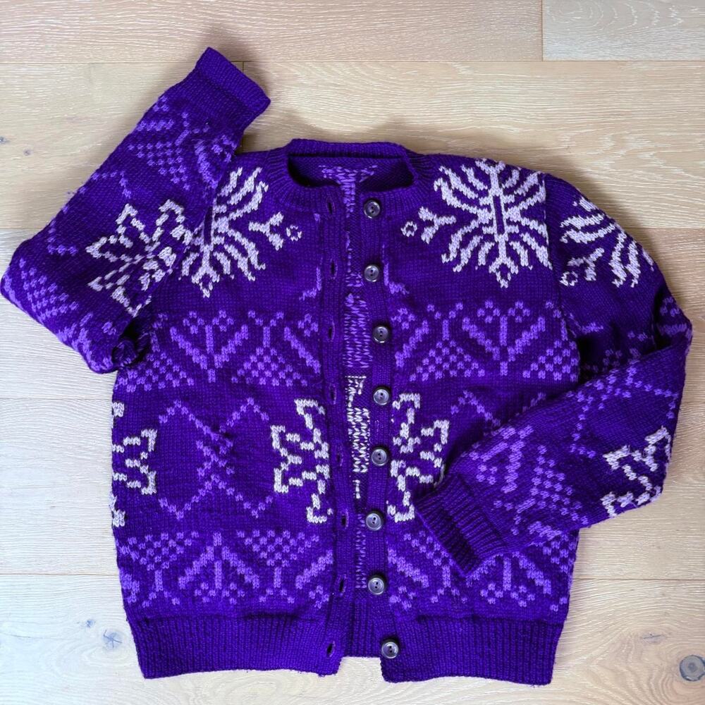 Handmade Purple Nordic Fair Isle Cardigan | Snowflake Button-Front | Med/Lg